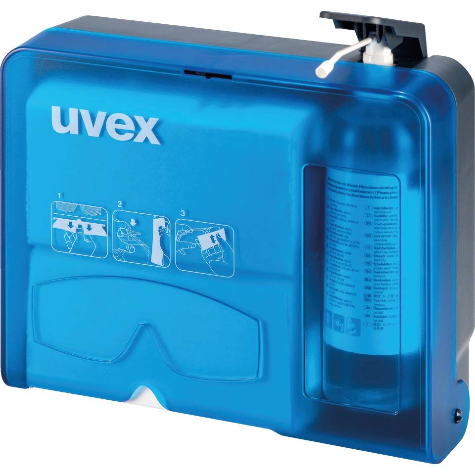 uvex Brillenreinigungsstation, mit Reinigungspapier, Reinigungsfluid und Pumpe