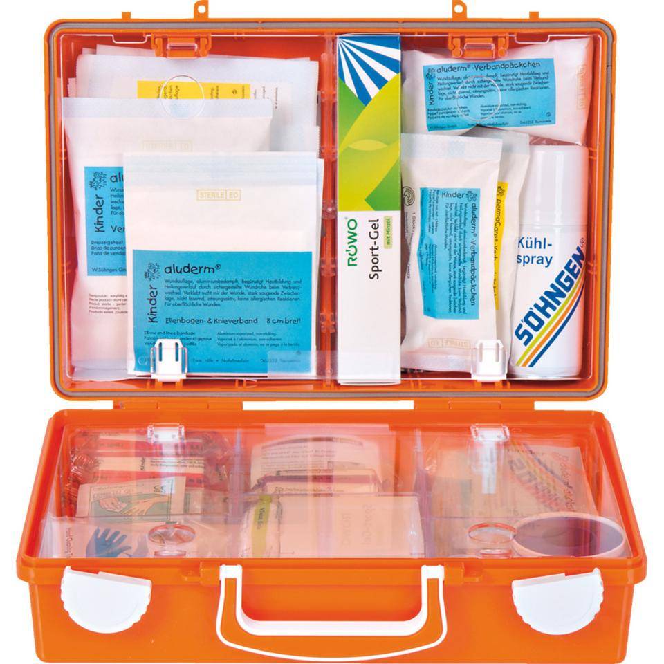 SÖHNGEN® Erste-Hilfe-Koffer Schule,mit Sporterw.,ASR A4.3(DIN 13157),orange,Wandhalterung