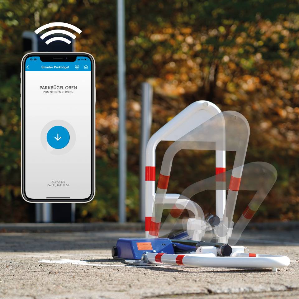 Parkbügel, mit App-Steuerung, weiß, mit roten Reflexstreifen, Stahl