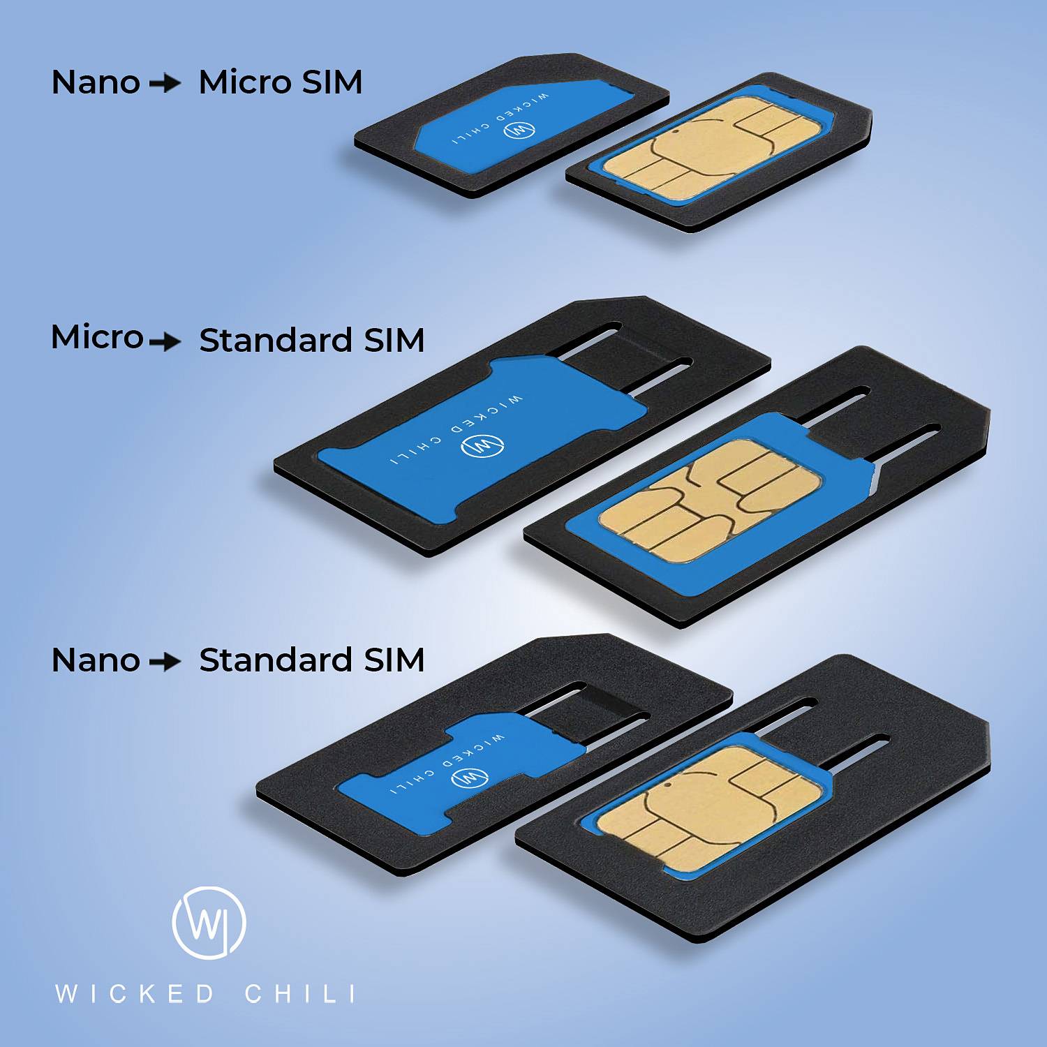 Wicked Chili Dual Simkarten Stanzer 4 in 1, Sim Karten Stanze mit Adapter Set (Nano, Micro, Standard, Pin Nadel, Feile)