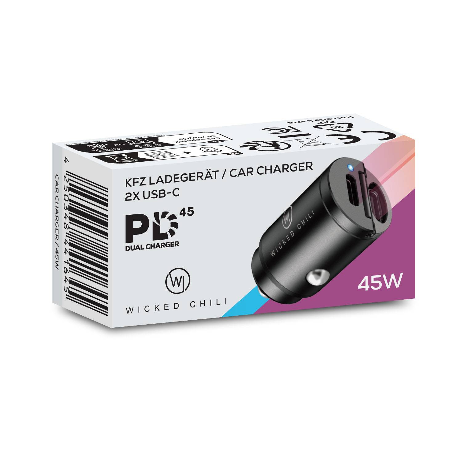 Wicked Chili 45W Tiny KFZ Adapter Dual USB-C Schnellader für Zigarettenanzünder für iPhone 17, 16, 15 Samsung PPS