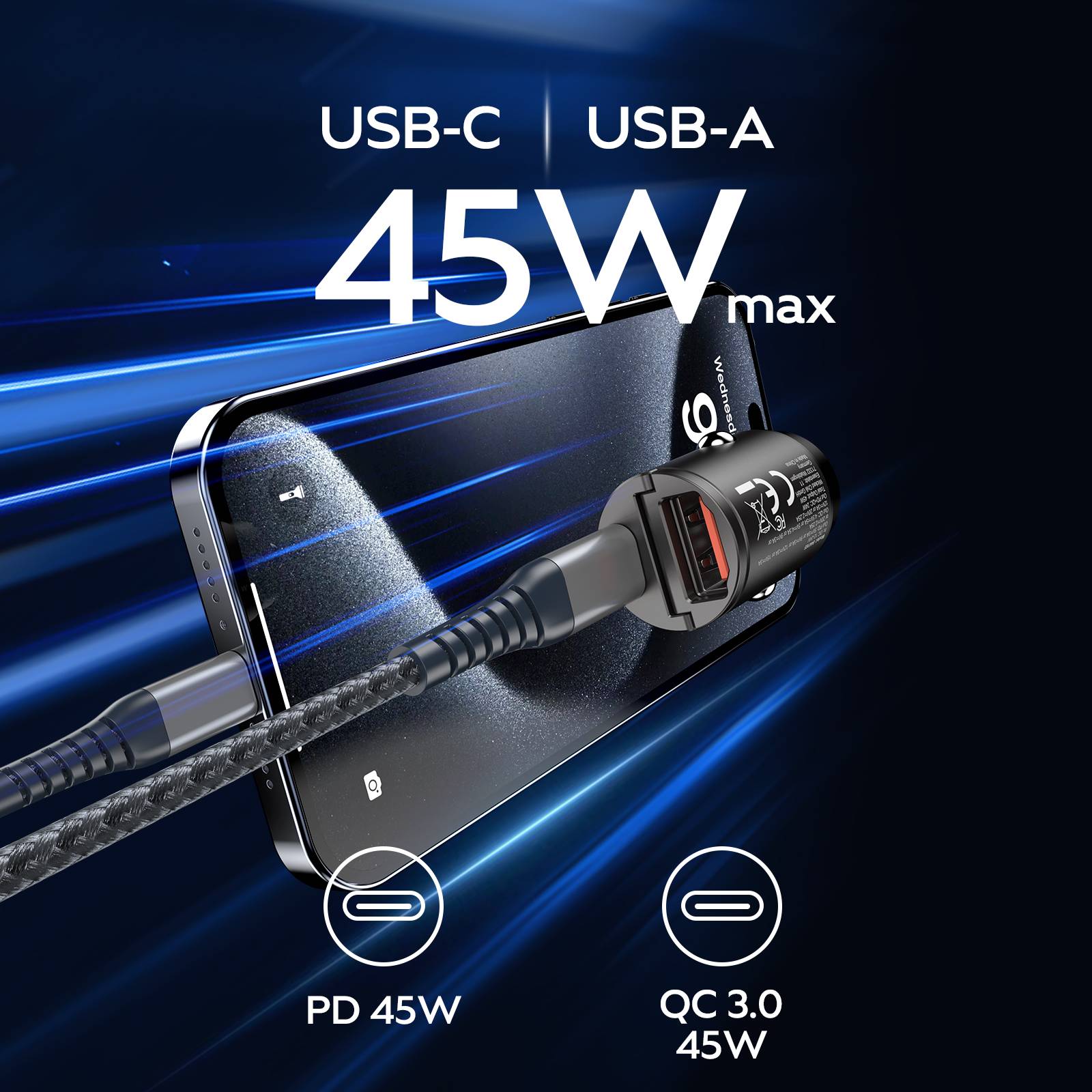 Wicked Chili 45W Mini USB-C +USB-A KFZ Ladegerät für iPhone 16, 15, 14, Samsung Auto Schnellladegerät