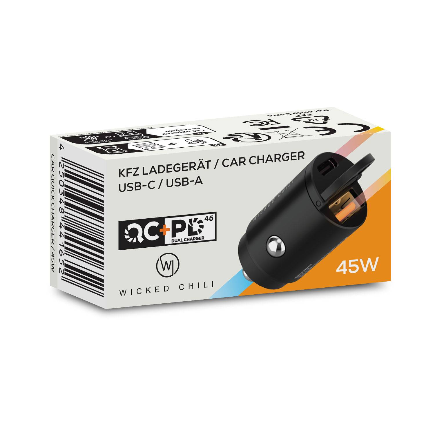 Wicked Chili 45W Mini USB-C +USB-A KFZ Ladegerät für iPhone 16, 15, 14, Samsung Auto Schnellladegerät