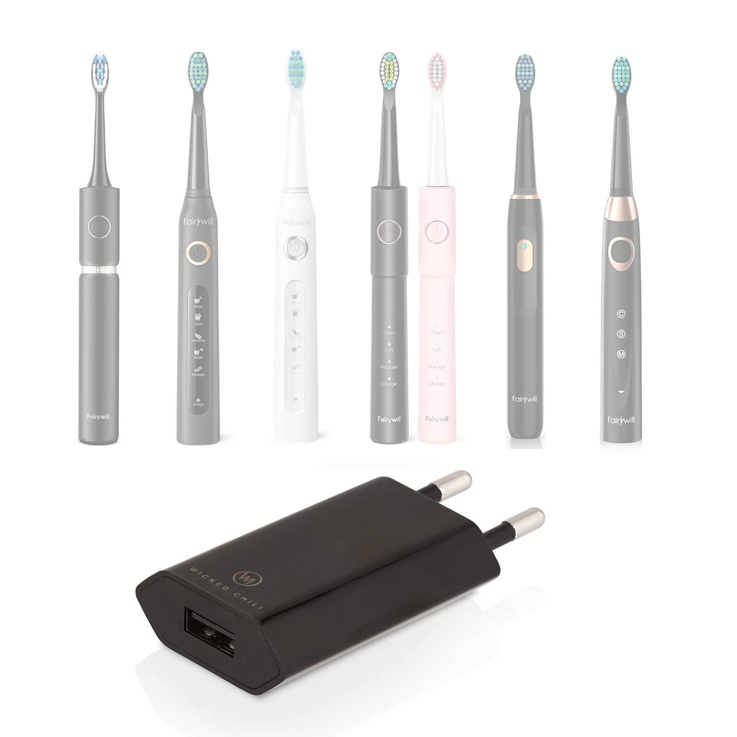 Wicked Chili 1x USB Netzteil für elektrische Zahnbürste Fairywill P11 Plus, 507, 508, 551, 515, 917, E11 (1A 5V)