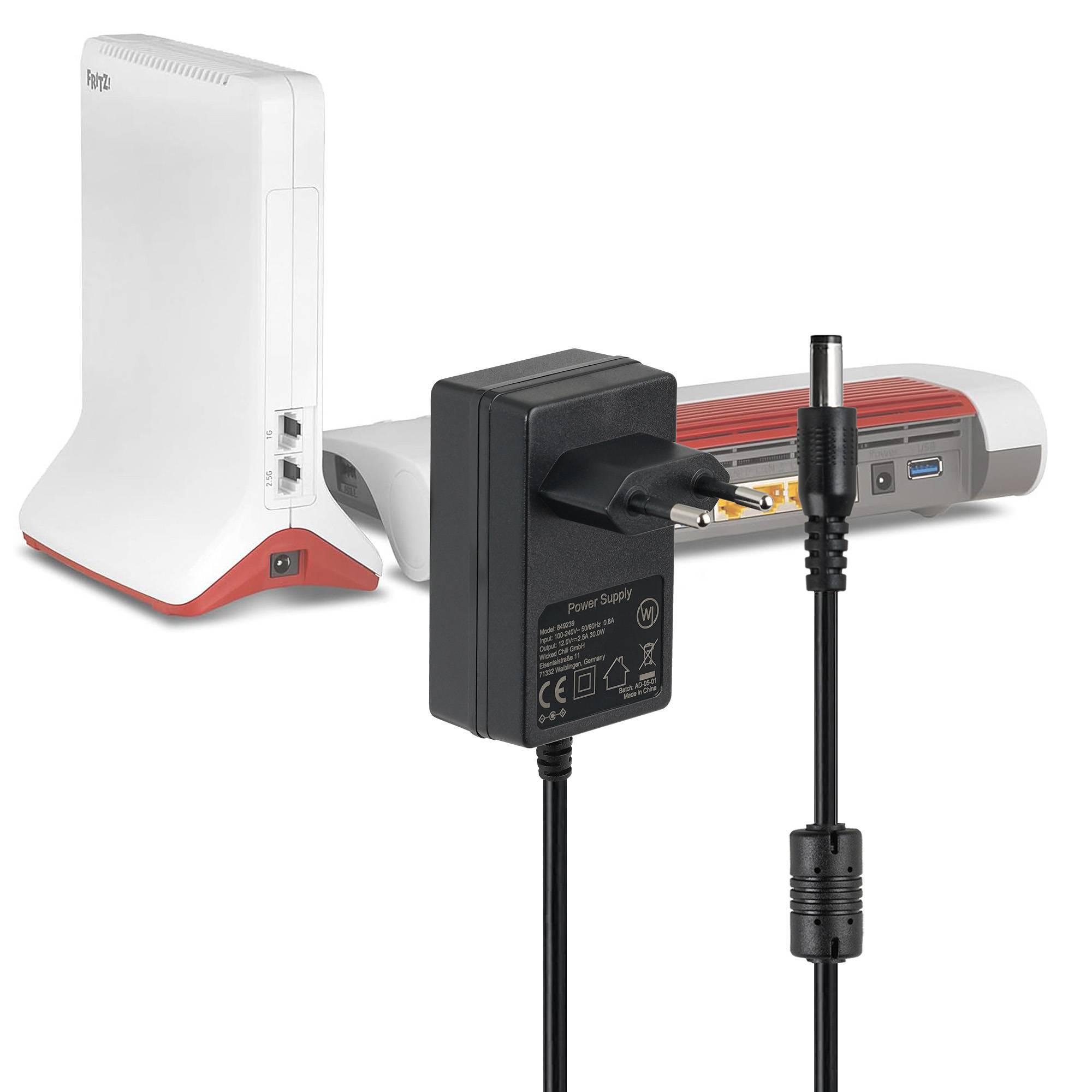 Wicked Chili 2500mA Netzteil kompatibel mit AVM FRITZ!Box 7570, 7490, 7430, 7390, 7330 WLAN Router (12V DC | 2,5A | extra langes 300cm Kabel)