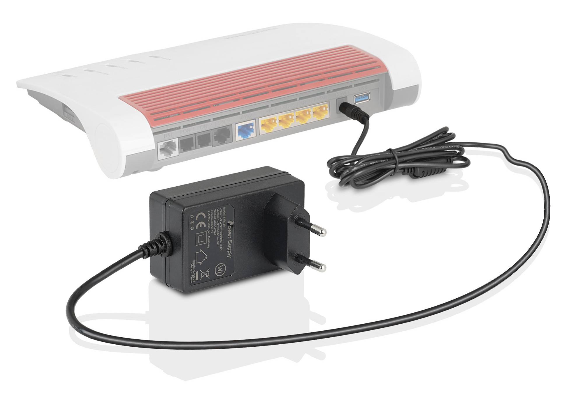 Wicked Chili 2500mA Netzteil kompatibel mit AVM FRITZ!Box 7570, 7490, 7430, 7390, 7330 WLAN Router (12V DC | 2,5A | extra langes 300cm Kabel)