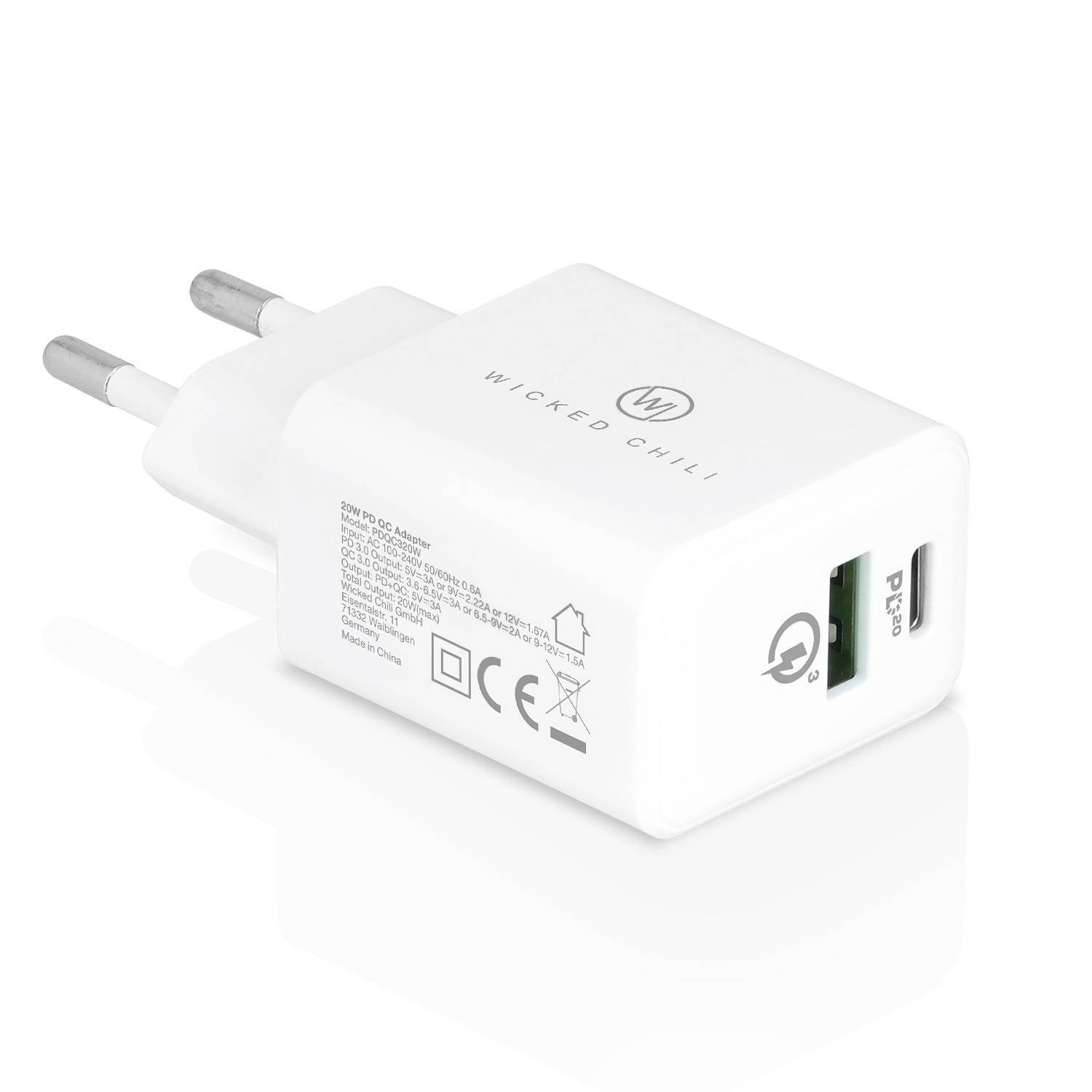 Wicked Chili 20W Dual USB Ladegerät USB-C + USB-A - Schnellladegerät für Apple iPhone 14, MagSafe, Samsung, Universal