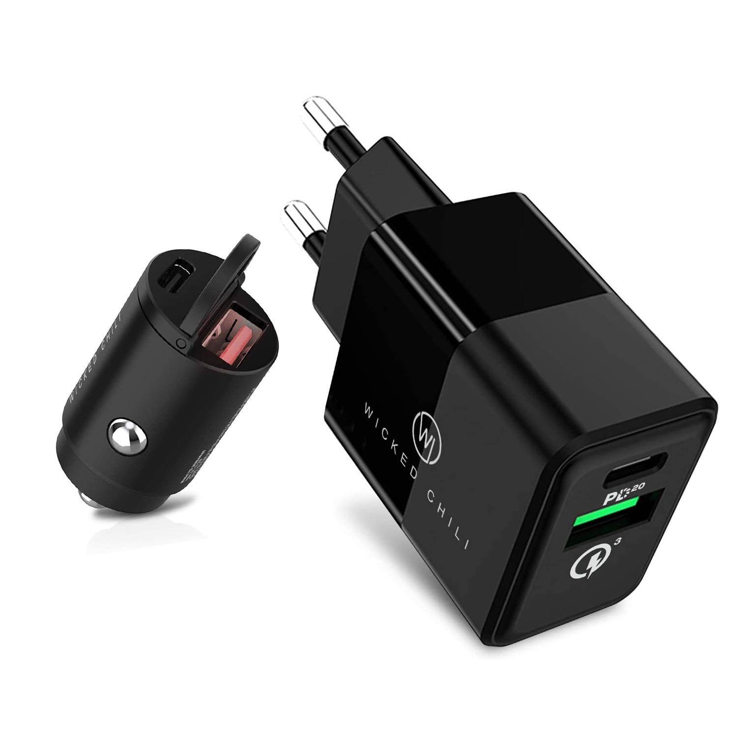 Wicked Chili 20W Dual USB Netzteil + 30W Dual USB KFZ Ladegerät für iPhone 14 13 12 Pro Max Mini 12 USB-C PD + QC 3.0