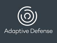 Weißes, kreisförmiges Zielscheiben-ähnliches Logo über den Worten „Adaptive Defense" auf dunkelgrauem Hintergrund.