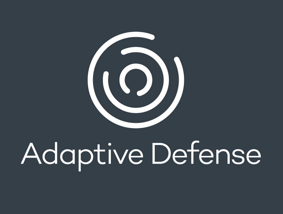 Logo mit einem kreisförmigen Spiralsymbol über dem Text „Adaptive Defense" auf dunkelgrauem Hintergrund.
