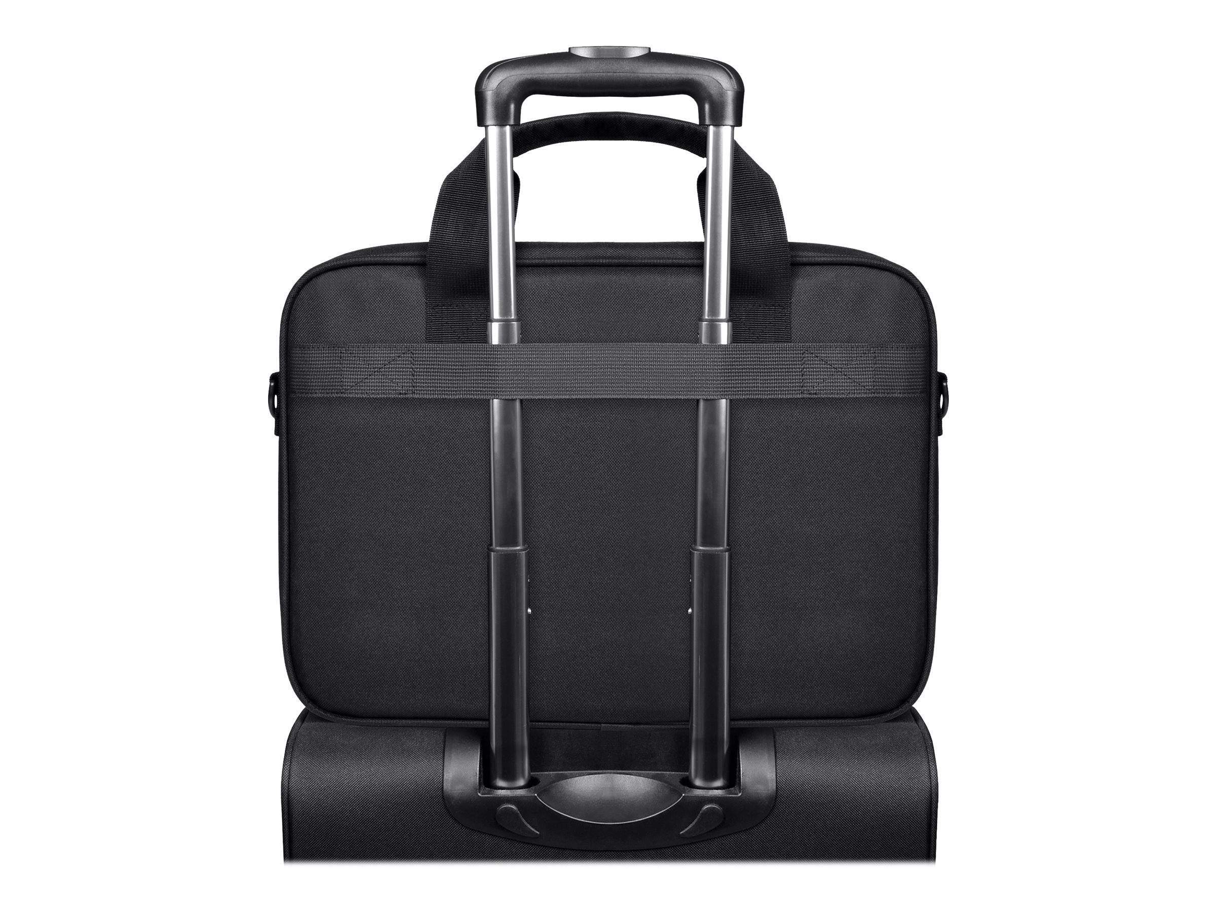 Schwarze rollende Laptop-Aktentasche von hinten betrachtet, mit ausziehbarem Griff und kofferartiger Tragebase.