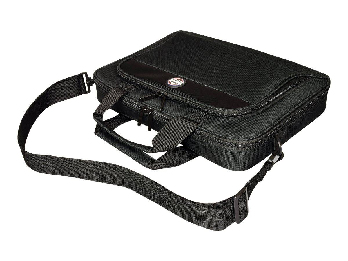 Schwarze Laptop-Schultertasche mit Reißverschluss, Tragehenkel und verstellbarem Riemen auf weißem Hintergrund