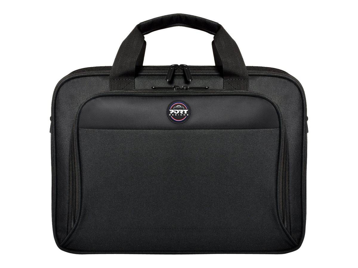 Schwarze Laptop-Aktenmappe mit Reißverschluss, gepolsterten Griffen und einer vorderen Tasche, gezeigt auf weißem Hintergrund.