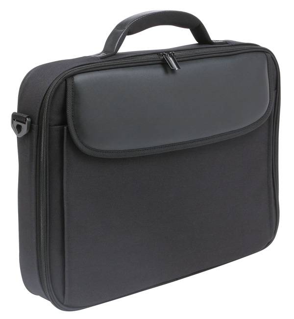 Schwarze Laptop-Aktentasche mit Reißverschluss, Griff und Vordertasche auf weißem Hintergrund