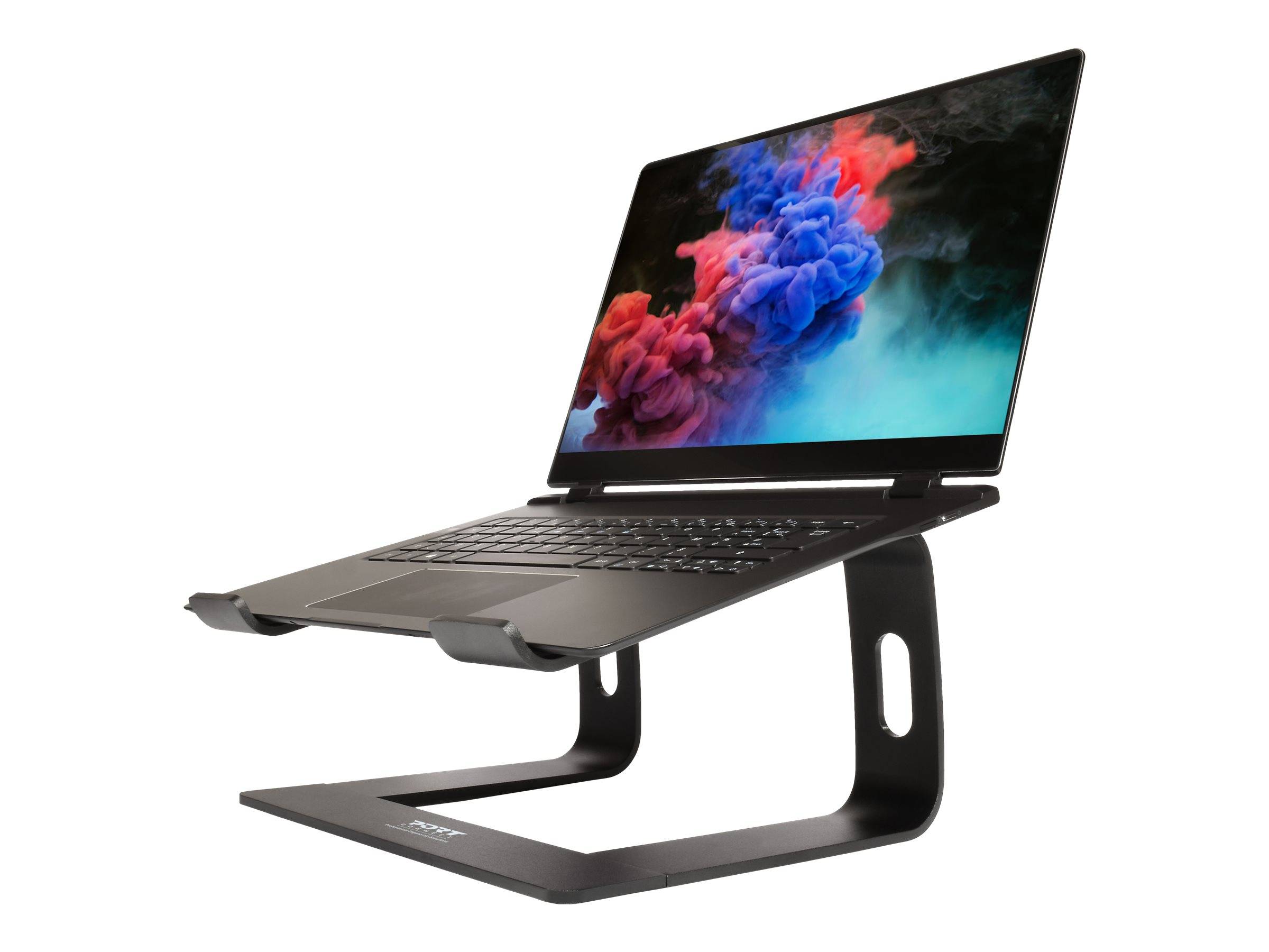 Laptop auf einem verstellbaren schwarzen Ständer, das den Bildschirm und die Tastatur für bessere Sicht und Ergonomie erhöht.