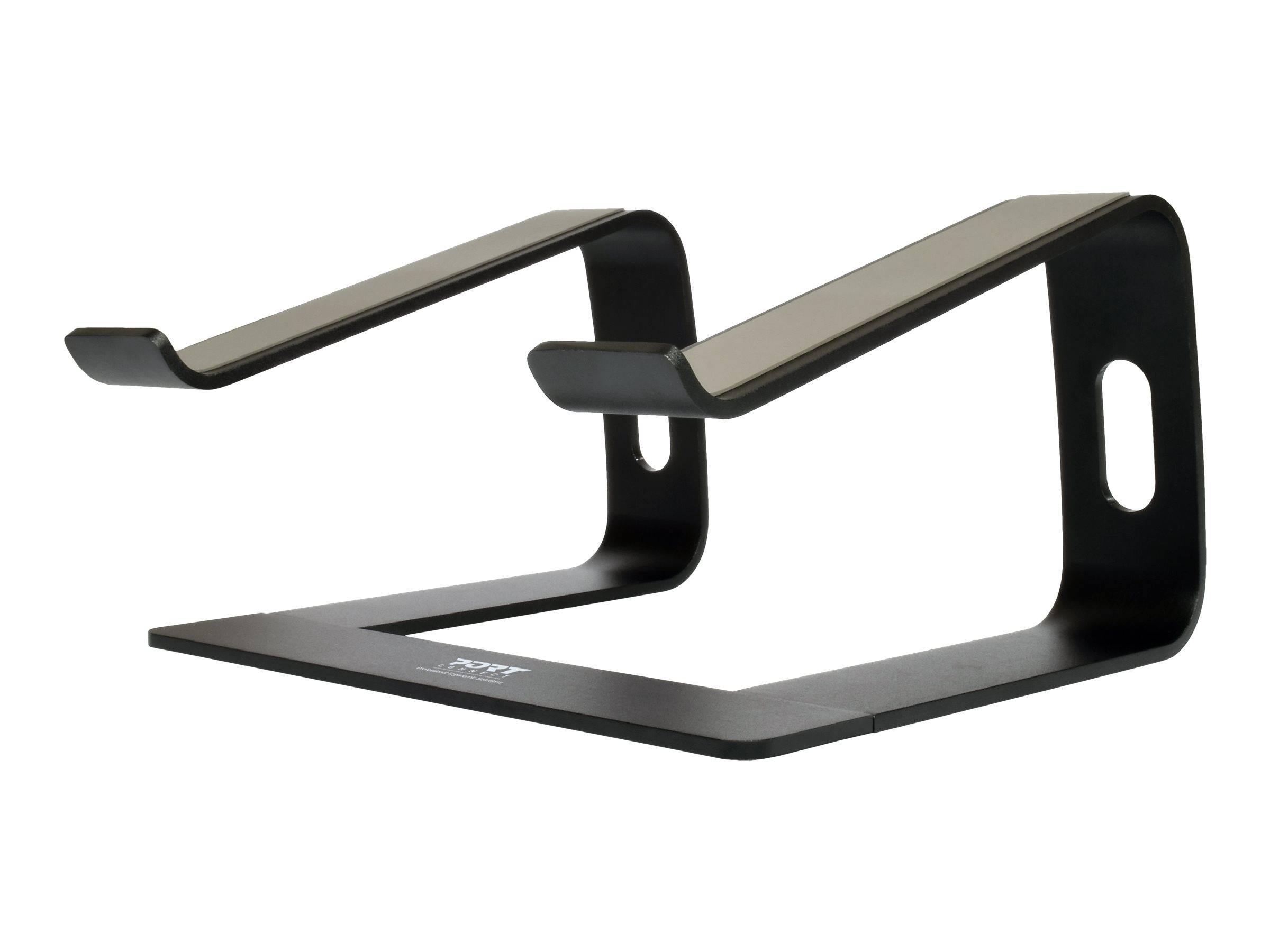 Schwarzer Metall-Dual-Laptop-Ständer mit zwei geneigten Wiegen und offenen Seitenschlitzen auf weißem Hintergrund.