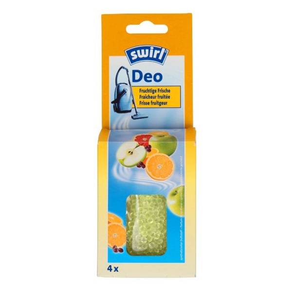 Verpackung für Swirl Deo Lufterfrischer, zeigt eine 4er-Packung mit Fruchtduft und einem sichtbaren Fenster zum grünen Gelblock.