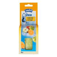 Packung Swirl Deo Toilettenschüssel-Reinigungsblöcke mit Fruchtduft, gezeigt in orange-blauer Schachtel mit 4 Stück.
