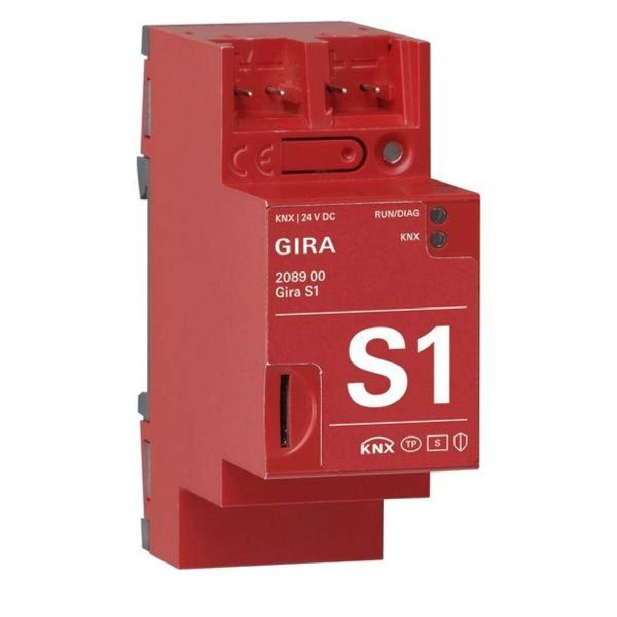 Rotes Gerät mit der Bezeichnung 'GIRA S1' mit Anschlüssen auf der Oberseite, verwendet für KNX-Systeme; gekennzeichnet mit '2089 00' und 'KNX 24V DC'.