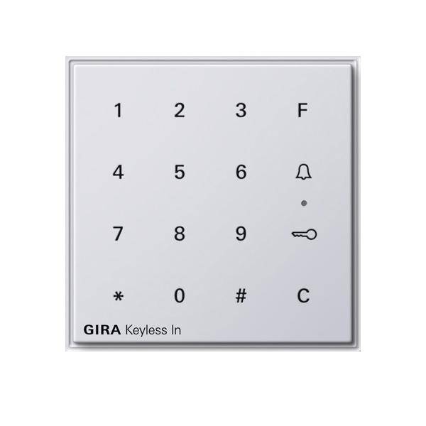 GIRA Keyless In' Tastatur mit Ziffern 0-9 und Symbolen: F, Klingel, Schlüssel, *, #, C, zur Zugangskontrolle ohne physischen Schlüssel.