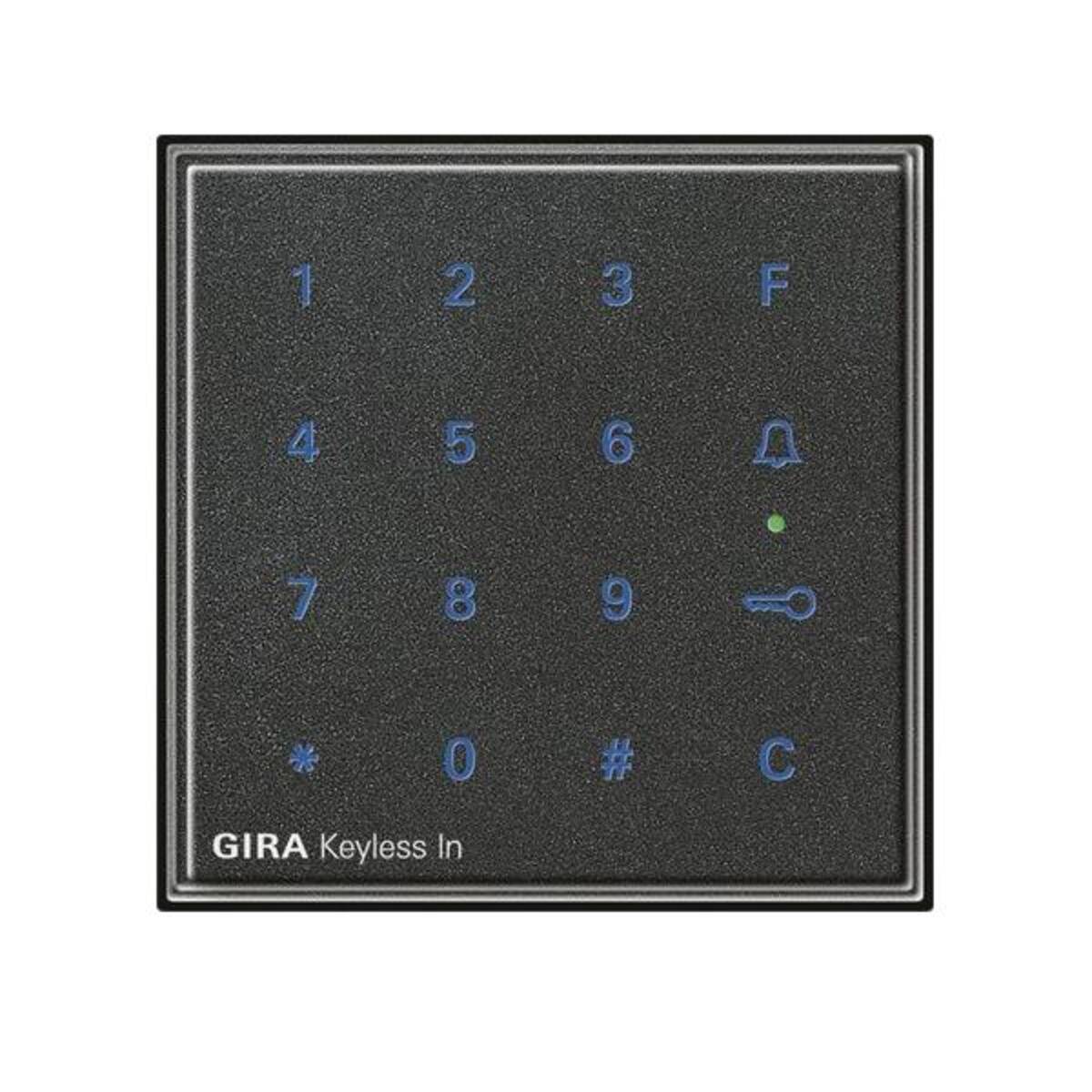 Schwarzes GIRA Keyless In Keypad mit beleuchteten Tasten 1-9, 0, * und # sowie F, Glocke, Schlüssel und C Funktionssymbolen.