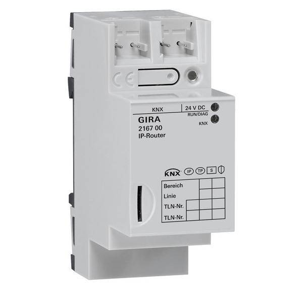 GIRA IP-Router 2167 00 Gerät in Weiß, mit Steuertasten, Anschlussports und Beschriftung für 24V DC KNX-Integration.