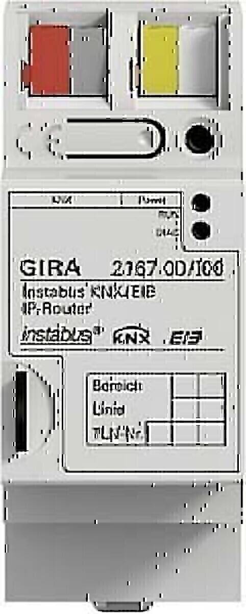 Das Bild zeigt einen GIRA Instabus KNX/EIB IP-Router mit Statusanzeigen. Er verfügt über Anschlüsse und die Modellnummer 2187/00/100, der für die Netzwerkverbindung verwendet wird.