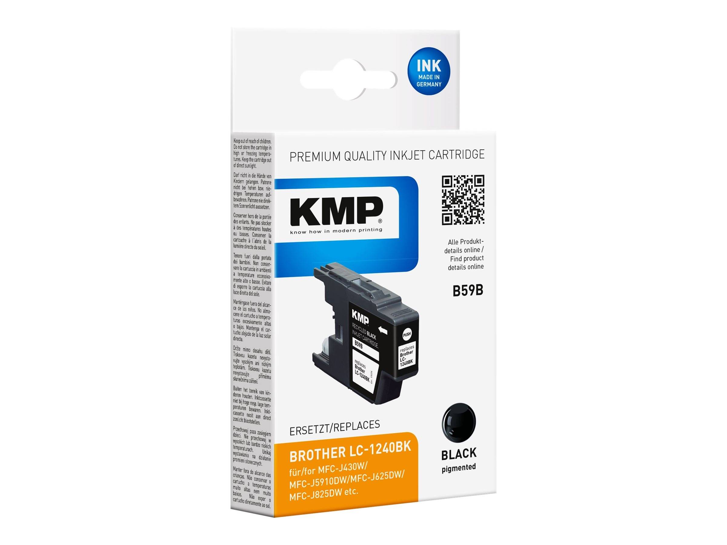 Packung mit KMP Premium-Qualität Tintenstrahlpatrone, schwarz, gekennzeichnet mit 'B59B' und 'ersetzt Brother LC-1240BK' mit Patronenabbildung.
