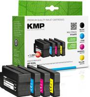 KMP Premium-Qualität Tintenstrahlpatronen-Paket mit schwarzen, cyan-, magenta- und gelben Patronen, die vor der Box gezeigt werden.