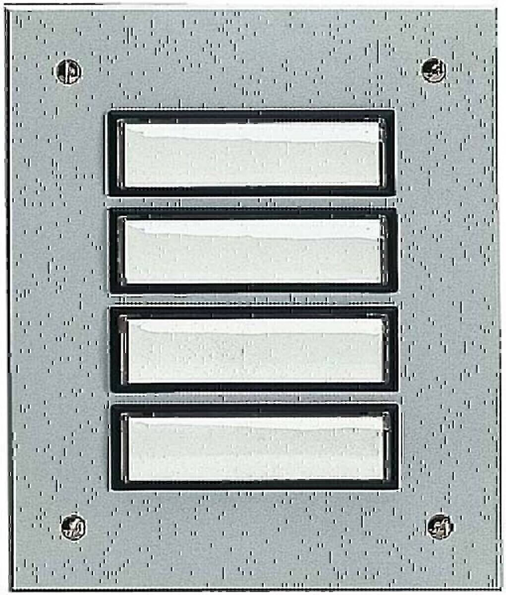 Vier leere Türklingel-Tasten auf einer Metallplatte, jede mit einer Plastikabdeckung, senkrecht angeordnet.