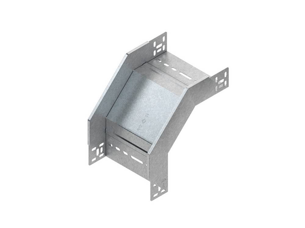 Eine Metallkabelrinne mit vertikaler Aufwärtsbiegung, mit gelochten Seitenwänden und metallischer Oberfläche, entwickelt zur Verwaltung und zum Schutz von Kabeln.