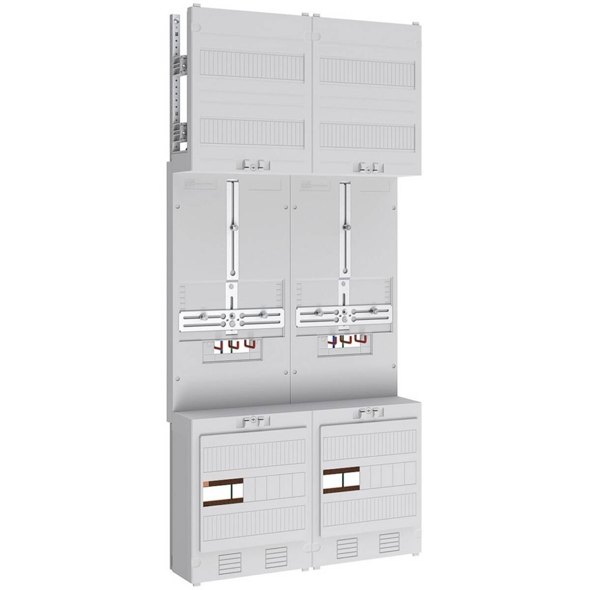 Weiß beschichteter elektrischer Schaltschrank mit zwei Hauptvertikalfächern, belüfteten Ober- und Unterpaneelen und sichtbaren inneren Verbindungsschienen.