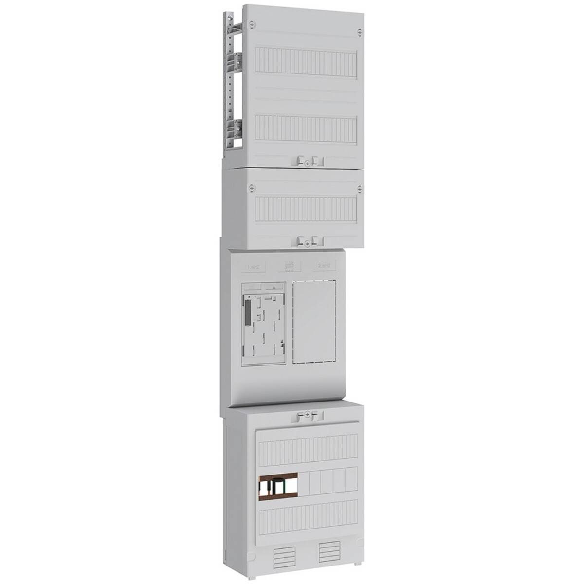 Hohes graues modulares Nutzschrank- oder Elektropaneelgestell mit belüfteten Abschnitten und Zugangsklappen auf weißem Hintergrund.
