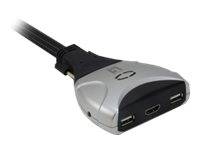 Ein grau-schwarzer USB-Kabeladapter mit zwei USB-Anschlüssen und einem HDMI-Anschluss auf der Vorderseite.