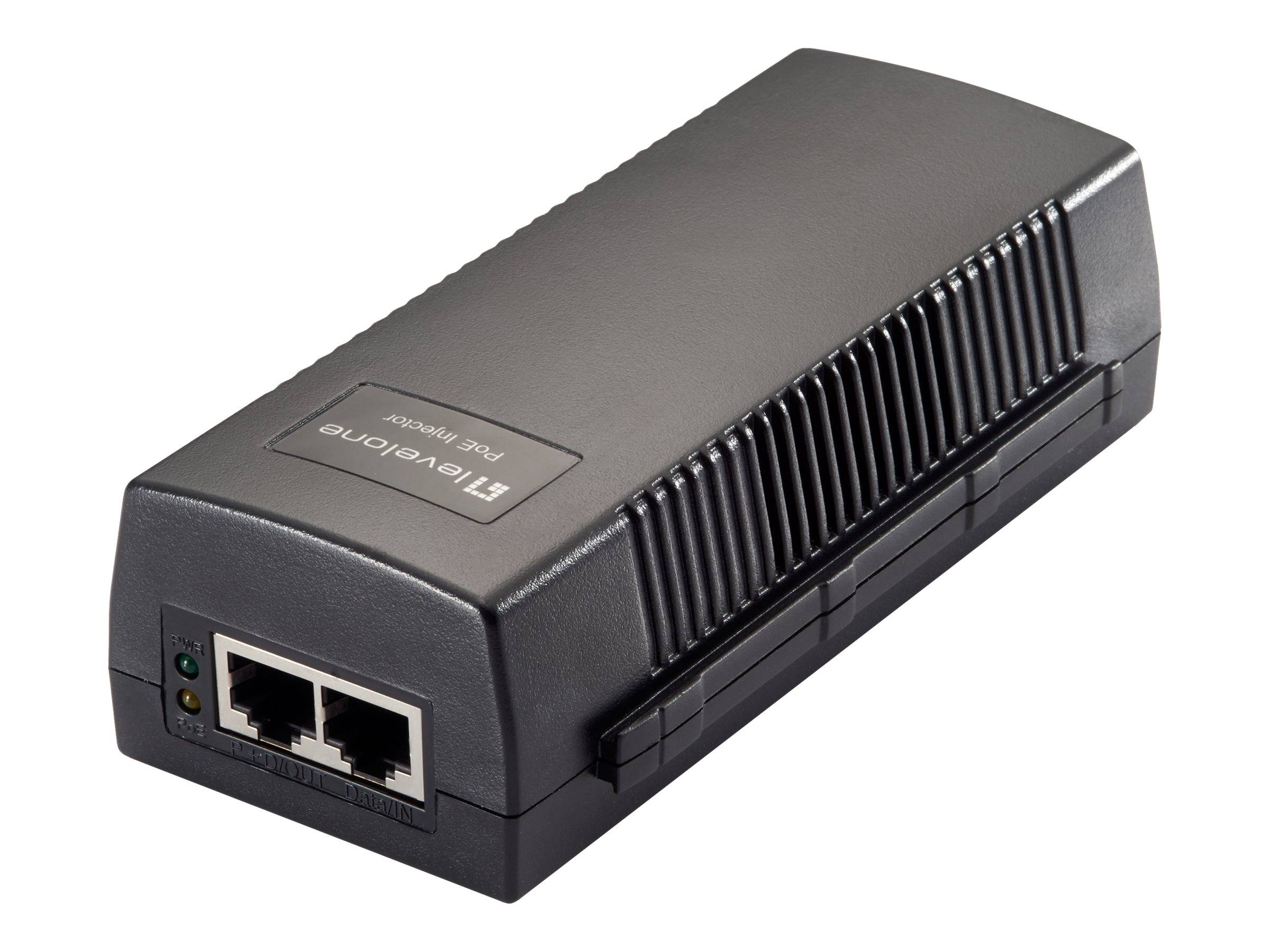 Schwarzer Ethernet-Power-Injector mit zwei RJ45-Anschlüssen und Anzeigelichtern an der Vorderseite