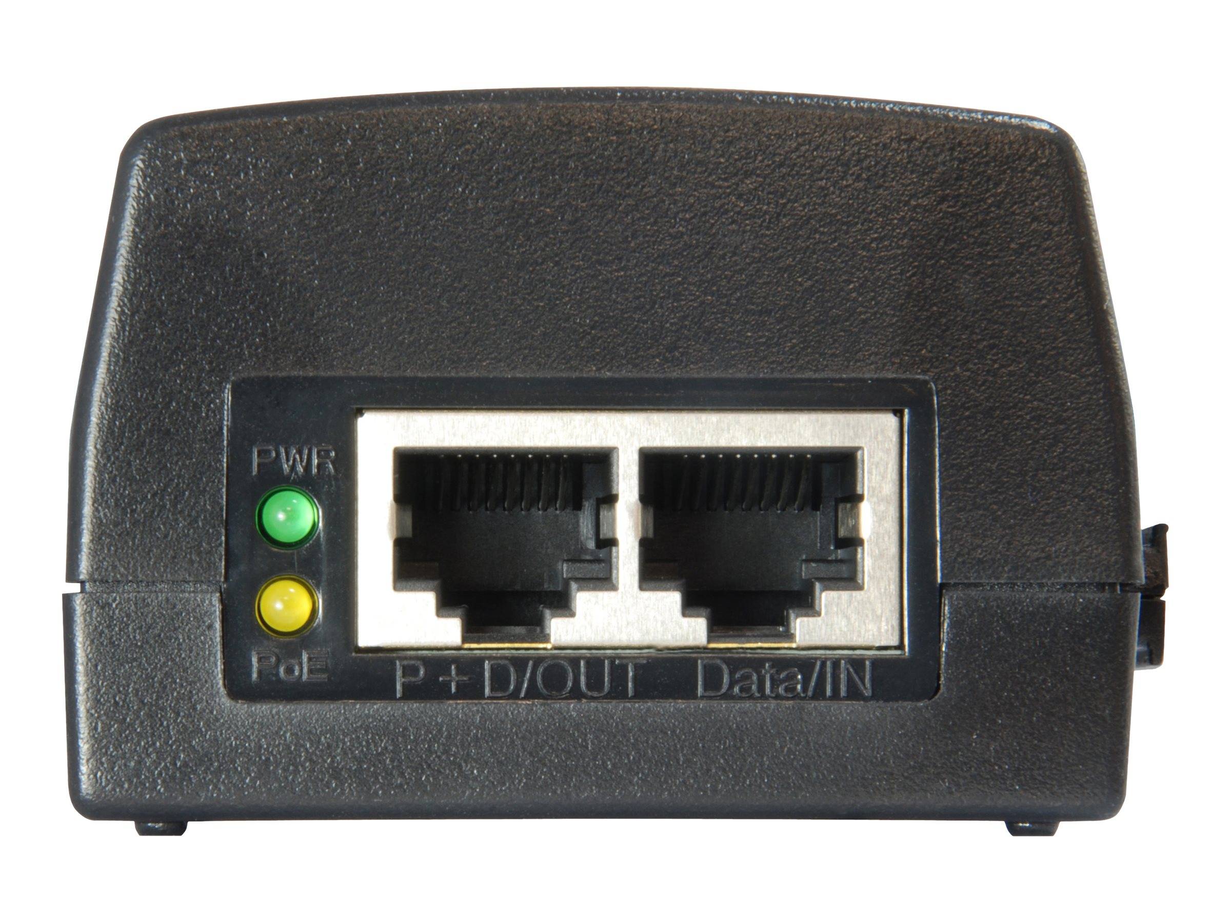 Schwarzes Netzwerkgerät mit zwei Ethernet-Anschlüssen und grünen/gelben PWR- und PoE-Indikatorleuchten auf der Vorderseite.