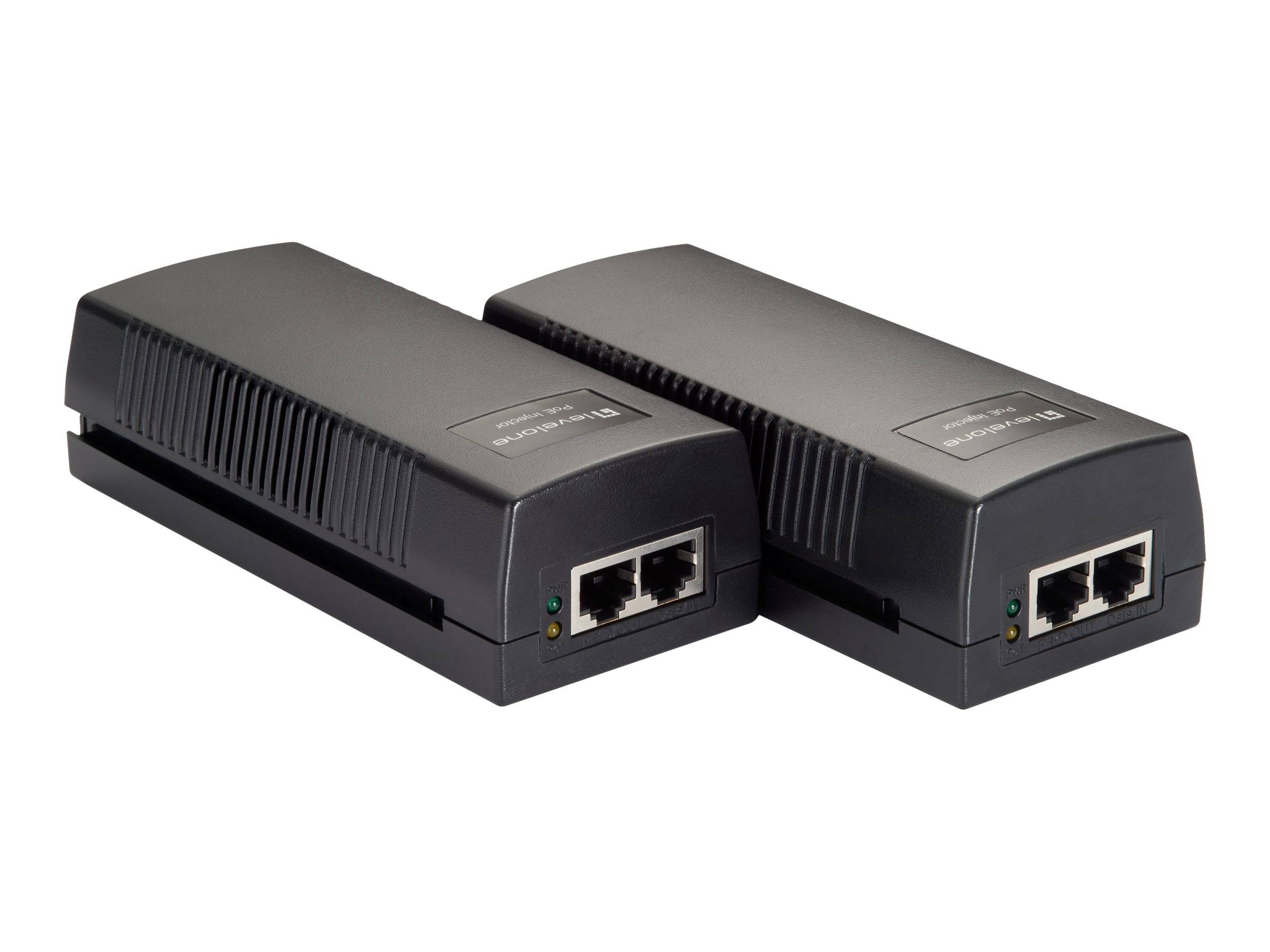 Zwei schwarze Ethernet-Powerline-Adapter-Geräte mit jeweils zwei Netzwerkanschlüssen, nebeneinander auf weißem Hintergrund dargestellt.