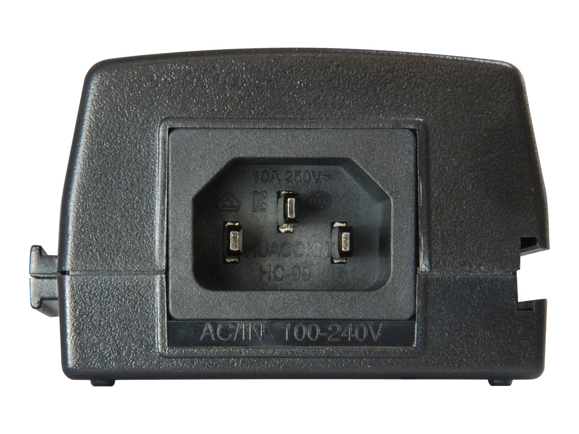 Schwarze Stromversorgungseingangsbuchse mit der Bezeichnung „AC/IN 100-240V