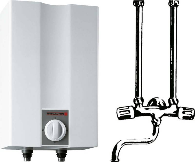 Ein elektrischer Wassererhitzer mit einer Reglereinstellung neben einer Zeichnung von Wasserhahngriffen, die die Wasserregulierungs- und Temperaturkontrollfunktion veranschaulicht.