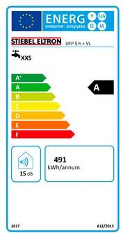 Eine Energieeffizienzskala zeigt eine Bewertung von ‚A' mit einem Verbrauch von 491 kWh/Jahr und einem Geräuschpegel von 15 dB.