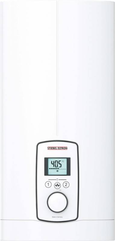 Ein weißer vertikaler Warmwasserbereiter mit einer digitalen Anzeige, die '40,5°C' zeigt.