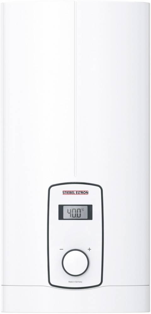 Ein weißer Stiebel Eltron Wassererhitzer mit einer digitalen Anzeige, die '40,0°C' zeigt. Der Erhitzer wirkt elegant und modern.
