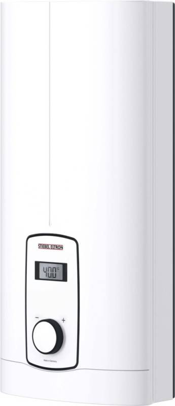 Elektrischer Wassererhitzer mit digitaler Anzeige, die '40,0°C' zeigt. Weißer zylindrischer Körper mit Markenlogo über dem Bildschirm.