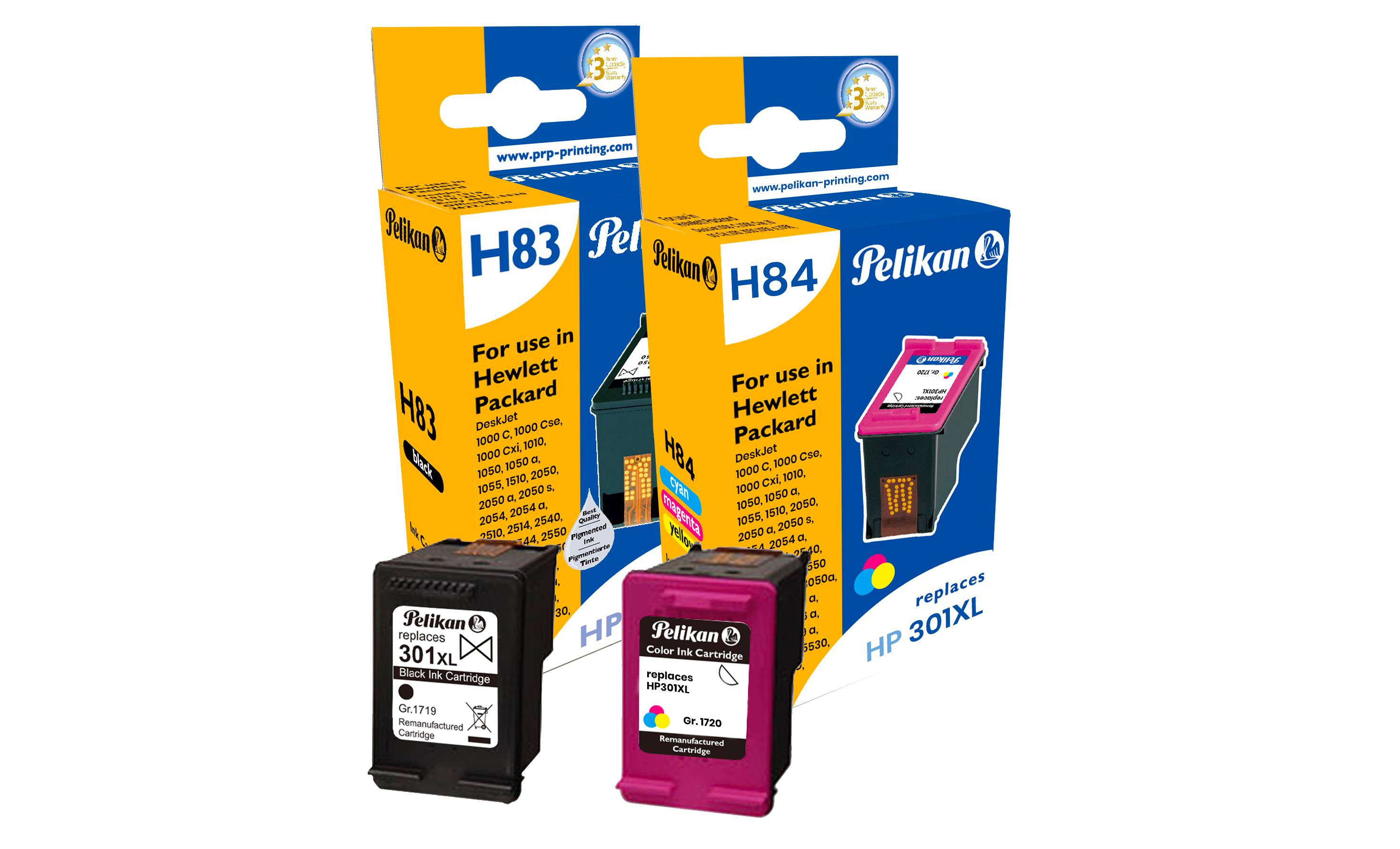 Pelikan H83 und H84 Druckerpatronen-Verpackungen und zwei Patronen, schwarz und Farbe, als HP 301XL-Ersatz dargestellt.