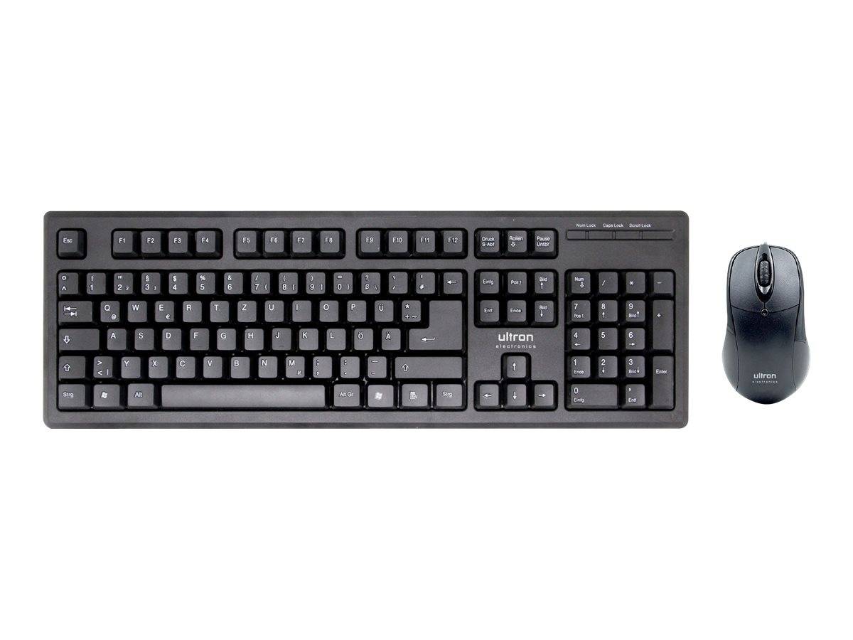 Schwarze Ultron kabellose Tastatur und matching Maus auf weißem Hintergrund gezeigt.