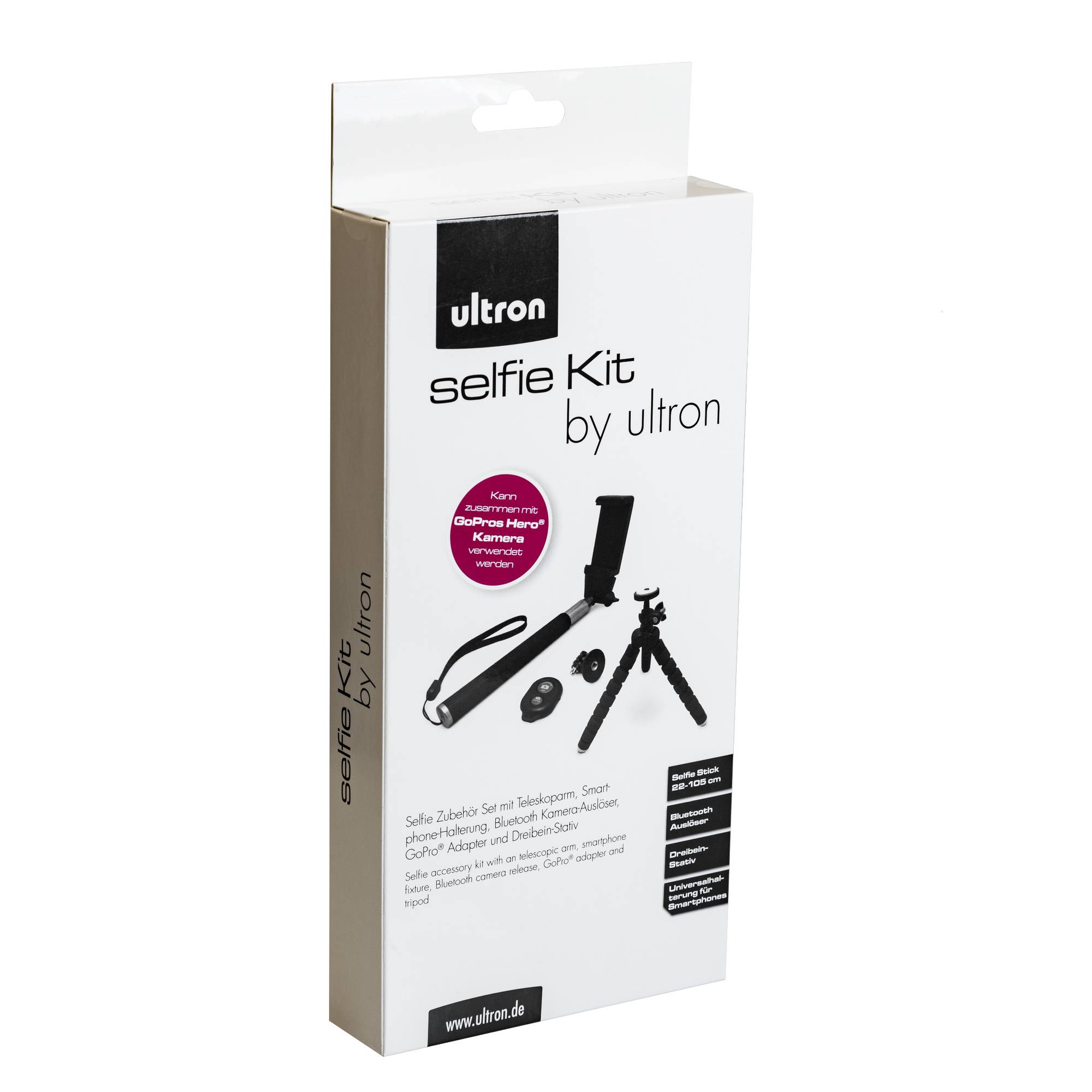 Ultron 'Selfie Kit' Produktverpackung mit Selfiestick, Telefonhalterung und Mini-Stativ für Smartphones und Action-Kameras.