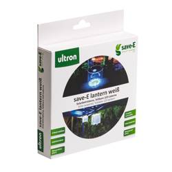 Produktbox für 'save-E Laterne weiß' von ultron, zeigt eine weiße Laternenleuchte zur Verwendung im Freien.