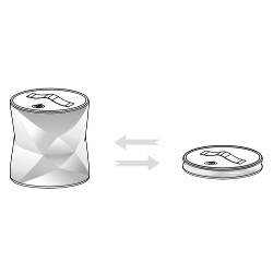 Illustration eines zusammenklappbaren Behälters, der sich von einem hohen Zylinder zu einer flachen Scheibe verkleinert, mit Pfeilen, die anzeigen, dass er sich ausdehnen und zusammenklappen kann.