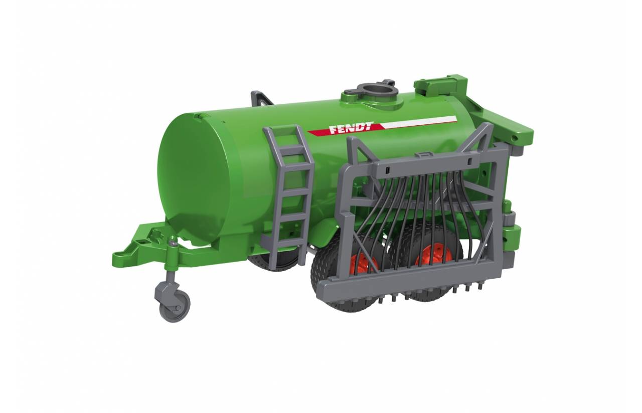 Grüner Fendt-Landwirtschaftsmischwagen mit vorderer Abladefläche, Leiter und Anhängerkupplung, gezeigt vor weißem Hintergrund.