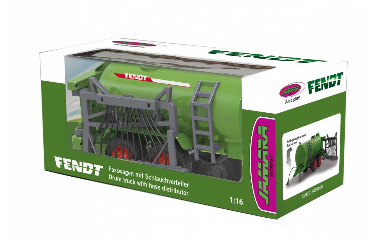 Fendt Spielzeug-Farmanhänger-Verpackung mit grünem Gülletankwagen mit Schlauchverteiler, abgebildet in einer Produktverpackung im Maßstab 1:16.